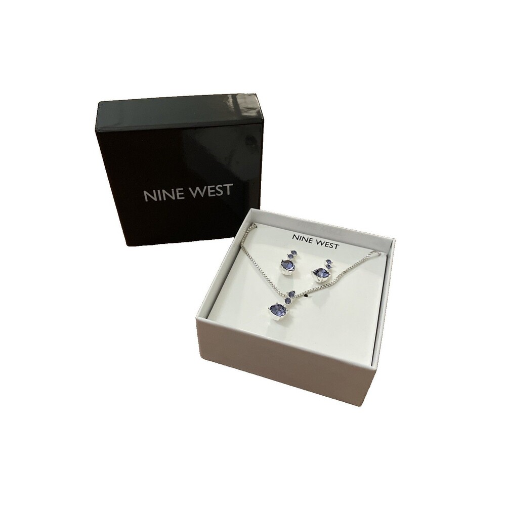 Nine West Jewelry Set Silver Tone Purple Crystal Necklace & Dangle Earrings